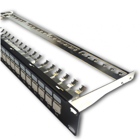 DATACOM Patch panel 19" STP 24 port CAT6A 1U černý, vyvaz.lišta, beznástrojový