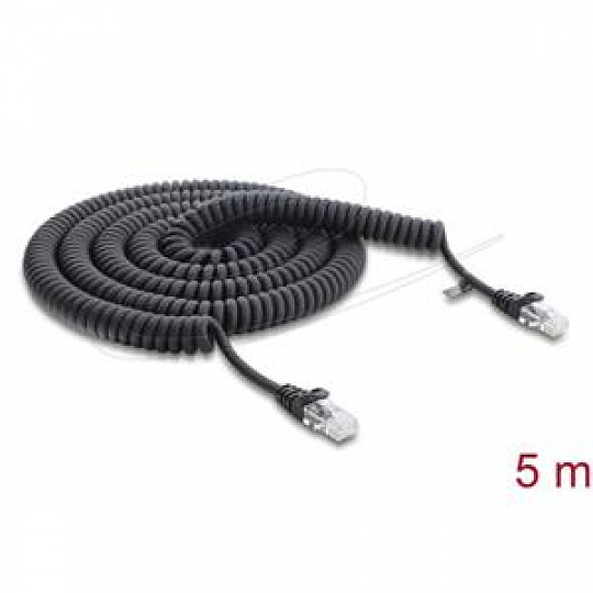 Delock Vinutý kabel rozhraní RJ45, ze zástrčky na zástrčku, Cat.5e, 5 m, černý