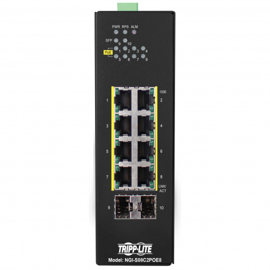 Přepínač 8x zdroj Lite Managed Ethernet Switch, 10/100/1000Mb/s, 2GbE SFP, PoE+ 30W, -10°?+60°C, DIN