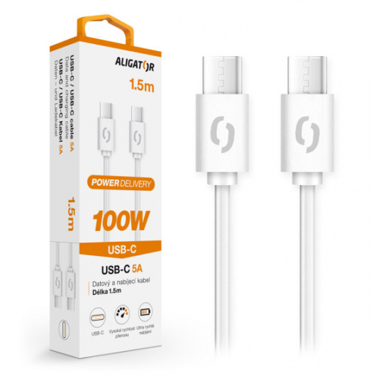 Datový kabel ALIGATOR POWER 100W, USB-C/USB-C 5A, 1,5m bílý