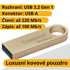 256GB Kingston Data Traveler SE9, USB-A 3.2 Gen 1, čtení/zápis - 220/100MB/s