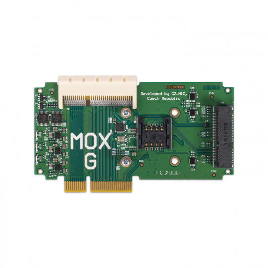 Turris MOX G, modul routeru Turris MOX, 1× mPCIe slot, 1× SIM slot, 1× 64 pin konektor pro připojení dalších modulů