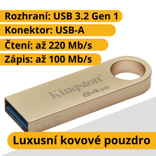 64GB Kingston Data Traveler SE9, USB-A 3.2 Gen 1, čtení/zápis - 220/100MB/s, kovová