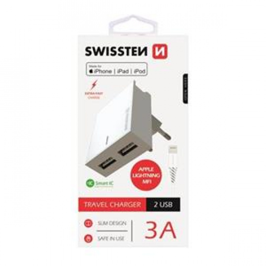 SWISSTEN SÍŤOVÝ ADAPTÉR SMART IC, CE 2x USB 3 A POWER BÍLÝ + DATOVÝ KABEL SWISSTEN USB / LIGHTNING MFi 1,2 M BÍLÝ