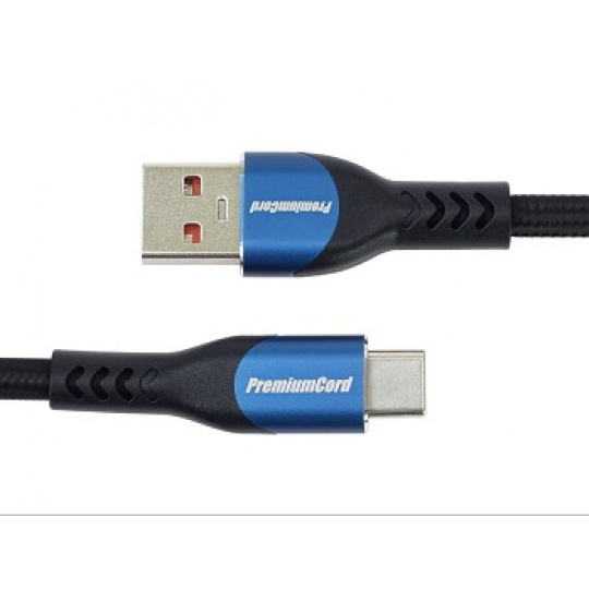 PremiumCord Super fast charging 5A kabel USB-C - USB 2.0 A  bavlněný oplet 2m