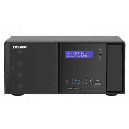 QNAP řízený switch QGD-3014-16PT-8G (16x GbE PoE+, 4core CPU, 4x SATA, 8GB RAM, 2x HDMI, 3x USB)