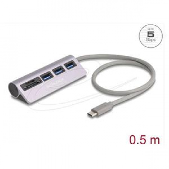 Delock 3 portový rozbočovač USB 5 Gbps včetně čtečky karet SD a Micro SD s konektorem rozhraní USB Type-C™