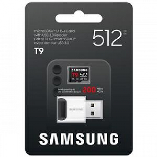 Samsung T9/Micro SDXC/512GB/UHS-I U3 / Class 10/+ Adaptér/Černá + USB Adaptér Samsung T9/Micro SDXC/512GB/UHS-I U3 / Class 10/+ Adaptér/Černá + USB Adaptér