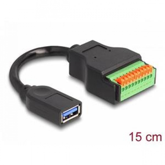 Delock Adaptér kabelu ze zásuvkového konektoru USB 3.2 Gen 1 Typu-A na svorkovnici, s tlačítkem, 15 cm