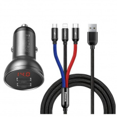 Baseus rychlonabíječka do auta 2xUSB 4,8A 24W s displejem + 3v1 kabel černá Baseus rychlonabíječka do auta 2xUSB 4,8A 24W s displejem + 3v1 kabel černá