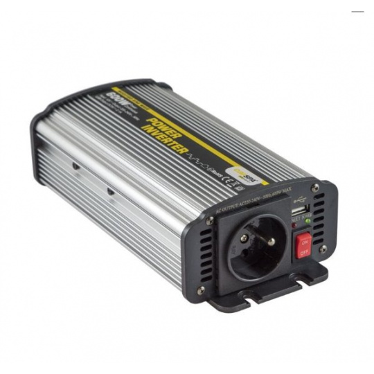 Napěťový měnič Carspa CAR600U-242 24V/230V+USB 600W, modifikovaná sinus (náhrada za CAR500-24)