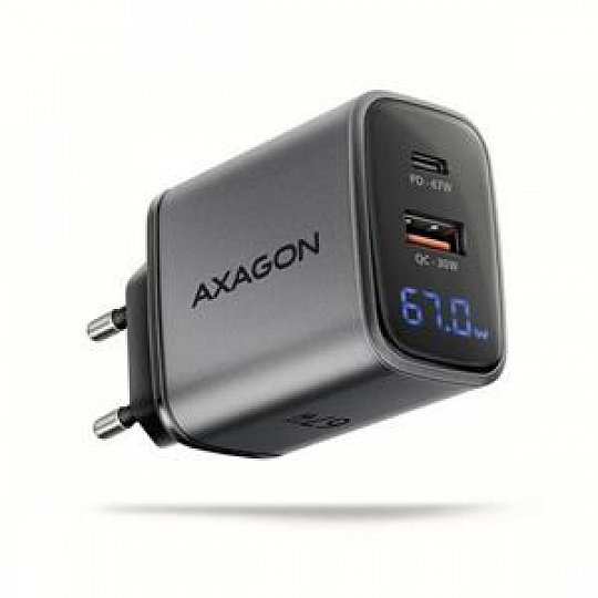 AXAGON ACU-PQ67D GaN nabíječka do sítě 67W, USB-A + USB-C, PD3.0/PPS/QC4+/SFC2.0/Apple, LCD display