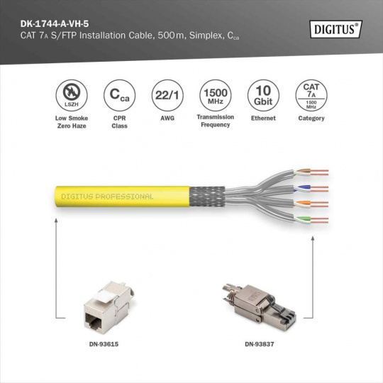 DIGITUS CAT 7A S/FTP, datový kabel – instalační kabel, 500 m, simplex, Cca, GHMT PVP certifikace