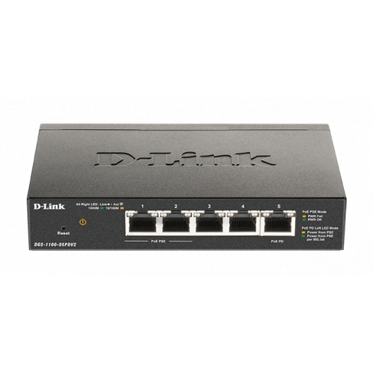 D-Link DGS-1100-05PDV2 5-Port Gigabit PoE Smart Managed Switch with 1 PD port