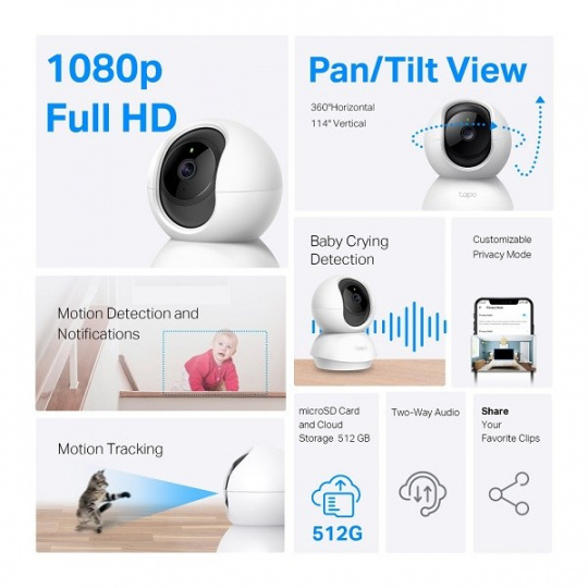 TP-Link Tapo C200C - Domácí bezpečnostní Wi-Fi kamera s horizontálním a vertikálním otáčením