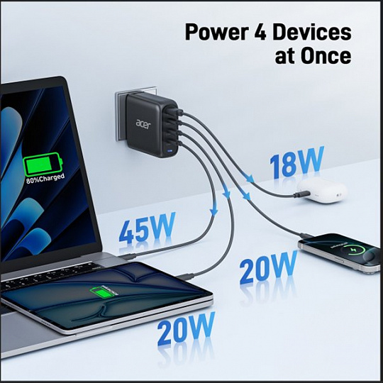 ACER 100W PD GaN charger - black; 3x USB Type-C + 1x USB Type-A , černá - nabíječka s Power Delivery a GaN = nitrid galia ACER 100W PD GaN charger - black; 3x USB Type-C + 1x USB Type-A , černá - nabíječka s Power Delivery a GaN = nitrid galia