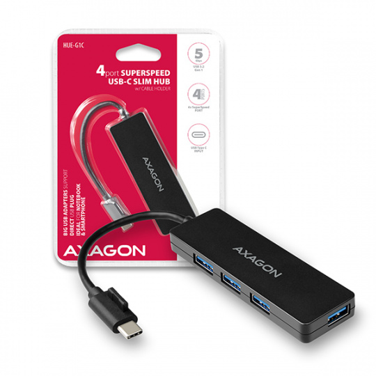 AXAGON HUE-G1C, 4x USB 3.2 Gen 1 SLIM hub, kabel Type-C 14cm napevno