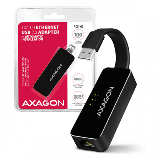 AXAGON ADE-XR, USB 2.0 - Fast Ethernet síťová karta, auto instal, černá