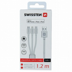 DATOVÝ KABEL TEXTILE 3in1 MFi 1,2 M STŘÍBRNÝ Swissten