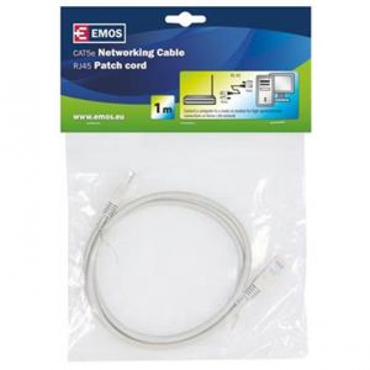 Emos Patch kabel UTP, CAT 5e, AWG26, PVC, šedý, 1m