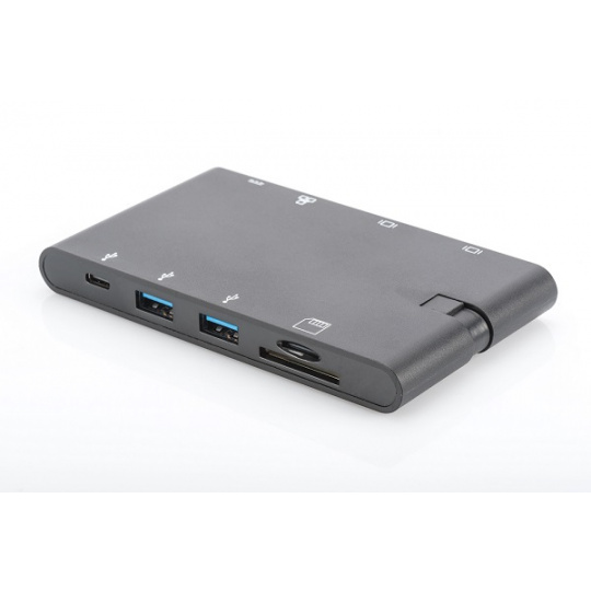 Digirus Univerzální cestovní dokovací stanice, USB 3.1 Type C, 4K, HDMI, VGA, 2x USB-C, 2x USB3.0, RJ45, MicroSD, SD / MMC, černá