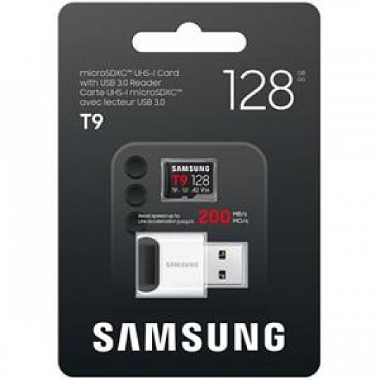Samsung T9/Micro SDXC/128GB/UHS-I U3 / Class 10/+ Adaptér/Černá + USB Adaptér Samsung T9/Micro SDXC/128GB/UHS-I U3 / Class 10/+ Adaptér/Černá + USB Adaptér