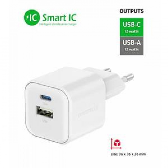 SWISSTEN SÍŤOVÝ ADAPTÉR 12W 1x USB-C + 1x USB-A BÍLÝ