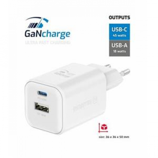 SWISSTEN SÍŤOVÝ ADAPTÉR GaN 1x USB-C 45W PD + 1x USB-A 18W QC BÍLÝ