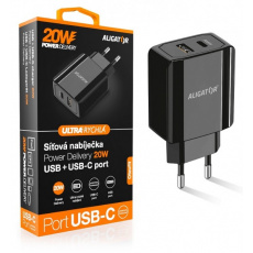 Aligator POWER DELIVERY 20W, USB + USB-C, černá Aligator POWER DELIVERY 20W, USB + USB-C, černá
