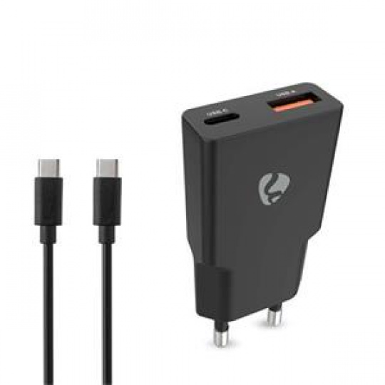 Nedis WCHA20BKUC - Síťová nabíječka | 20 W | GaN | PD3.0 | Funkce rychlého nabíjení | 2 výstupy | USB-A / USB-C | Černá