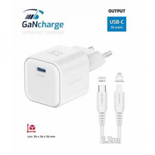 SWISSTEN SÍŤOVÝ ADAPTÉR GaN 1x USB-C 35W POWER DELIVERY BÍLÝ + DATOVÝ KABEL USB-C/LIGHTNING 1,2 M BÍLÝ