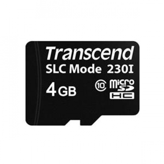 Transcend 4GB microSDHC230I (Class 10) 3D TLC (SLC mode) průmyslová paměťová karta, 22MB/s R, 21MB/s W, černá