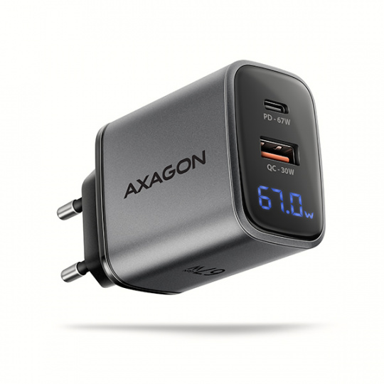 AXAGON ACU-PQ67D, GaN nabíječka do sítě 67W, výstup USB-A + USB-C, PD3.0/PPS/QC4+/SFC2.0/Apple, LCD