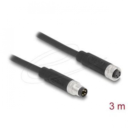 Delock 4 pinový kabel M8, A-kódovaný, ze zástrčkového na zásuvkový konektor, PUR (TPU), 3 m