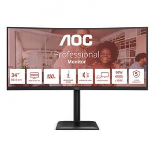 AOC LCD CU34E4CV 34" zakřivený VA/3440x1440@120Hz/4ms/350cd/2xHDMI/DP/4xUSB/2xUSB-C/RJ45/Repro/HAS/VESA AOC LCD CU34E4CV 34" zakřivený VA/3440x1440@120Hz/4ms/350cd/2xHDMI/DP/4xUSB/2xUSB-C/RJ45/Repro/HAS/VESA