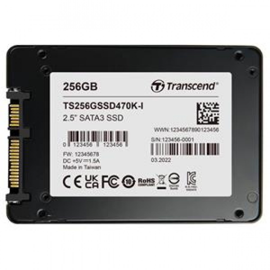 TRANSCEND SSD470K-I 256GB Industrial (3K P/E) SSD disk 2.5" SATA3, 3D TLC, Aluminium case, 560MB/s R, 520 MB/W, černý