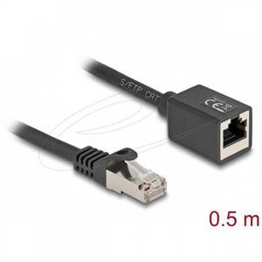 Delock Síťový prodlužovací kabel ze zástrčky RJ45 na zásuvku RJ45, Cat.6A, S/FTP, 0,5 m, černý Delock Síťový prodlužovací kabel ze zástrčky RJ45 na zásuvku RJ45, Cat.6A, S/FTP, 0,5 m, černý
