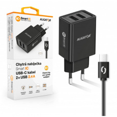 ALIGATOR Chytrá síťová nabíječka 2,4A, 2xUSB, smart IC, černá, USB-C kabel