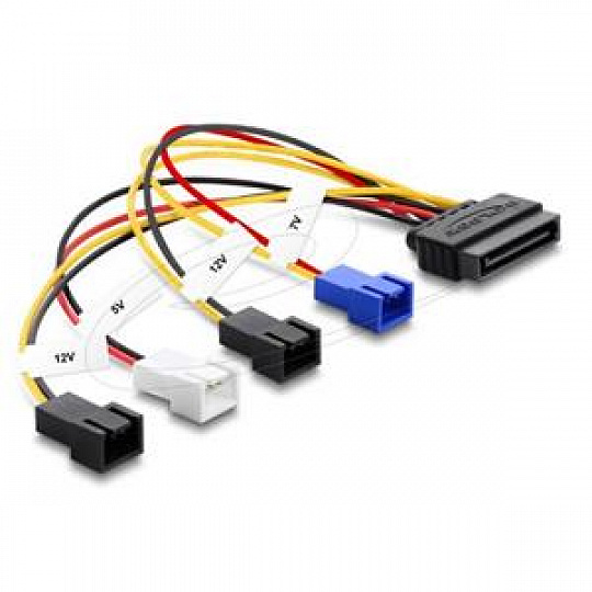 Delock Napájecí kabel SATA 15 pin samec na 4 x 2 pin ventilátor (12 V / 7 V / 5 V) 20 cm