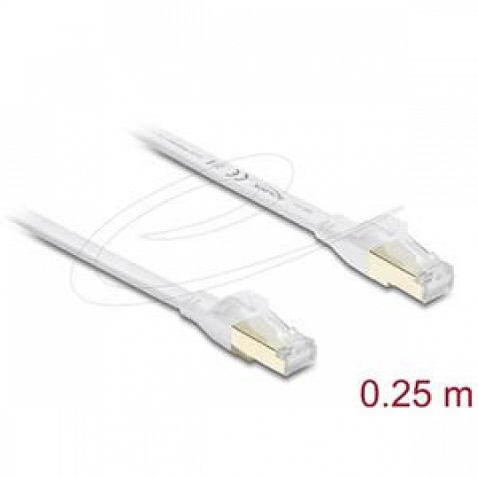 Delock Plochý spojovací kabel RJ45 Cat.8.1 U/FTP, až 40 Gbps, 0,25 m, bílý Delock Plochý spojovací kabel RJ45 Cat.8.1 U/FTP, až 40 Gbps, 0,25 m, bílý