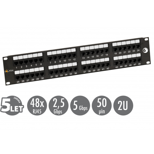 19" patch panel Solarix 48 x RJ45 CAT6 UTP 350 MHz černý 2U SX48-6-UTP-BK