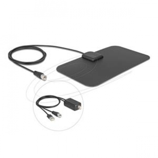 Delock Aktivní všesměrová DAB+ DVB-T2 anténa F, zástrčka, 5 - 25 dB, černá, s lepicí montáží Delock Aktivní všesměrová DAB+ DVB-T2 anténa F, zástrčka, 5 - 25 dB, černá, s lepicí montáží