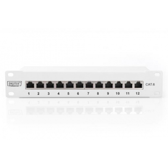 DIGITUS CAT 6, patch panel třídy E, stíněný, 12 portů RJ45 8P8C, LSA, 1U, 254 mm (10 "), montáž do stojanu, šedá