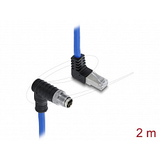 Delock Kabel M12, X-kódovaný, z 8 pinové zástrčky zahnuté dolů na zástrčku RJ45 zahnutou nahoru, S/FTP, stíněný, 2 m