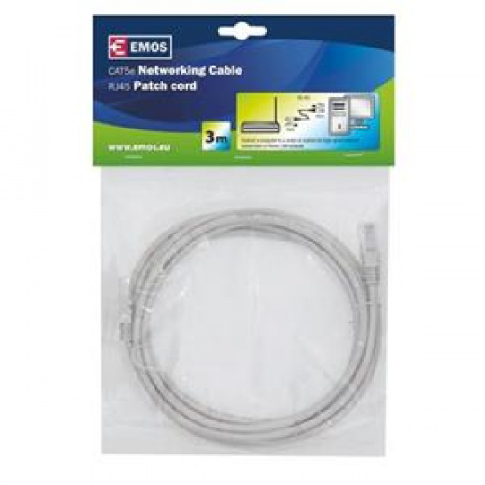 Emos Patch kabel UTP, CAT 5e, AWG26, PVC, šedý, 3m