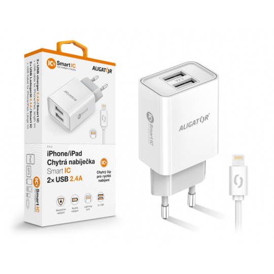 Chytrá síťová nabíječka ALIGATOR 2,4A, 2xUSB, smart IC, bílá, USB kabel pro iPhone/iPad