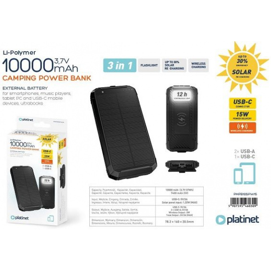 PLATINET POWERBANK 10000 mAh SOLAR PANEL WIRELESS CHARGER 15W 2X USB-A, 1X USB-C PLATINET POWERBANK 10000 mAh SOLAR PANEL WIRELESS CHARGER 15W 2X USB-A, 1X USB-C